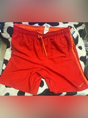 Nike Men's Bright Red Athletic Shorts with Orange Drawstring